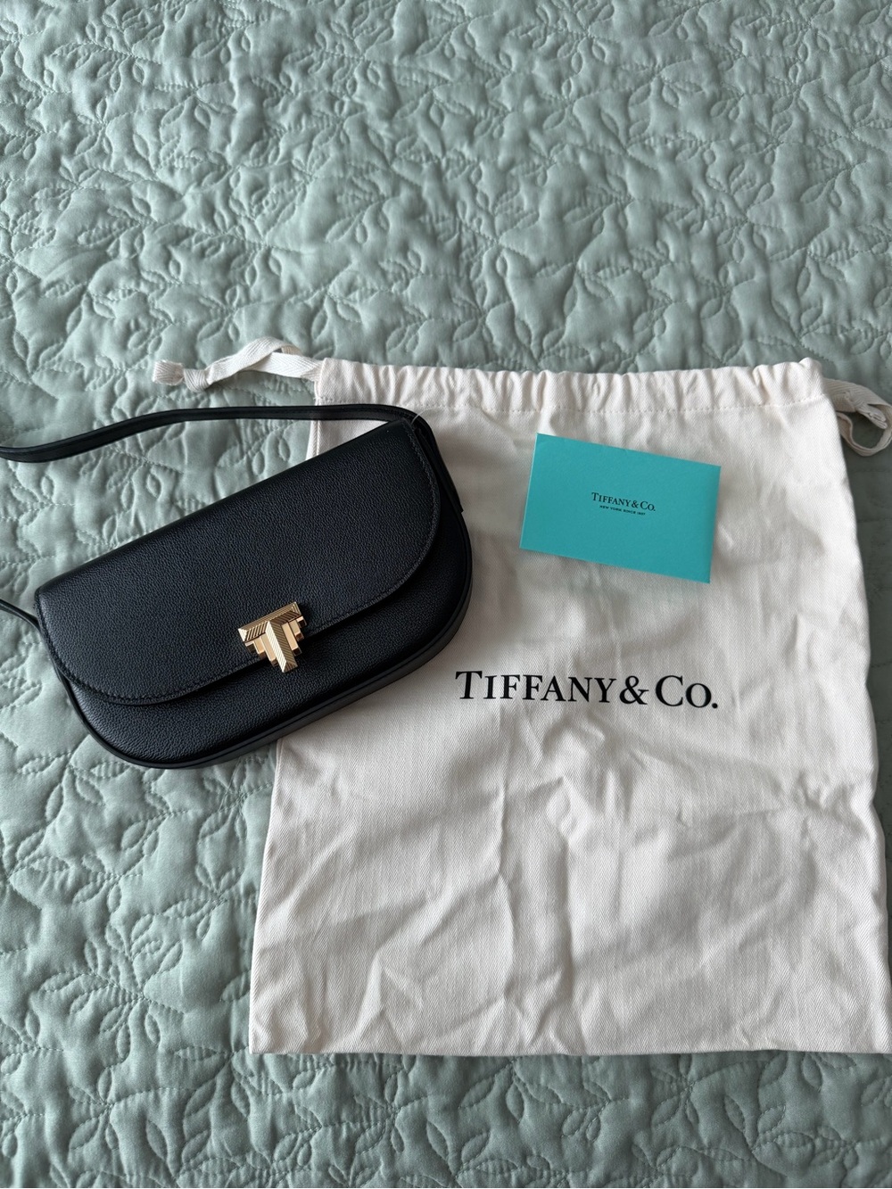 Tiffany & Co. Black Leather Crossbody with Gold Tone Lock